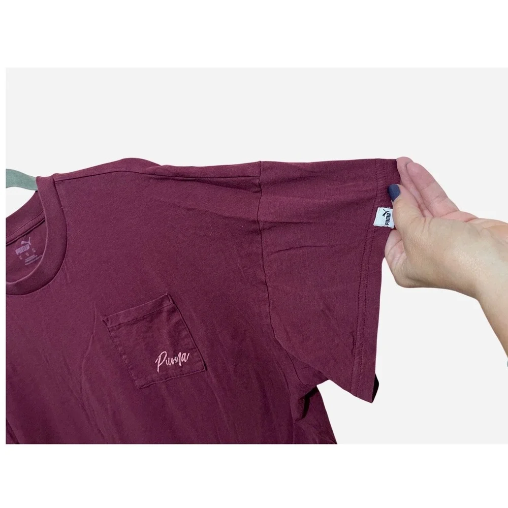 Puma Womens Boxy Pocket T-Shirt Burgundy Script Logo XL Short Sleeve-Retro - Picture 7 of 11